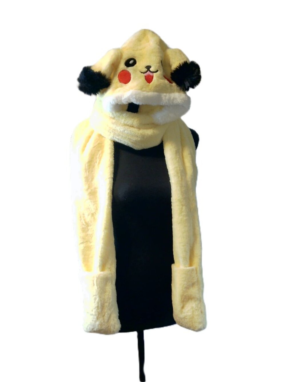 Pikachu Plush Hooded Scarf with Mittens & Moving Pop-Up Ears | Pokémon Cosplay